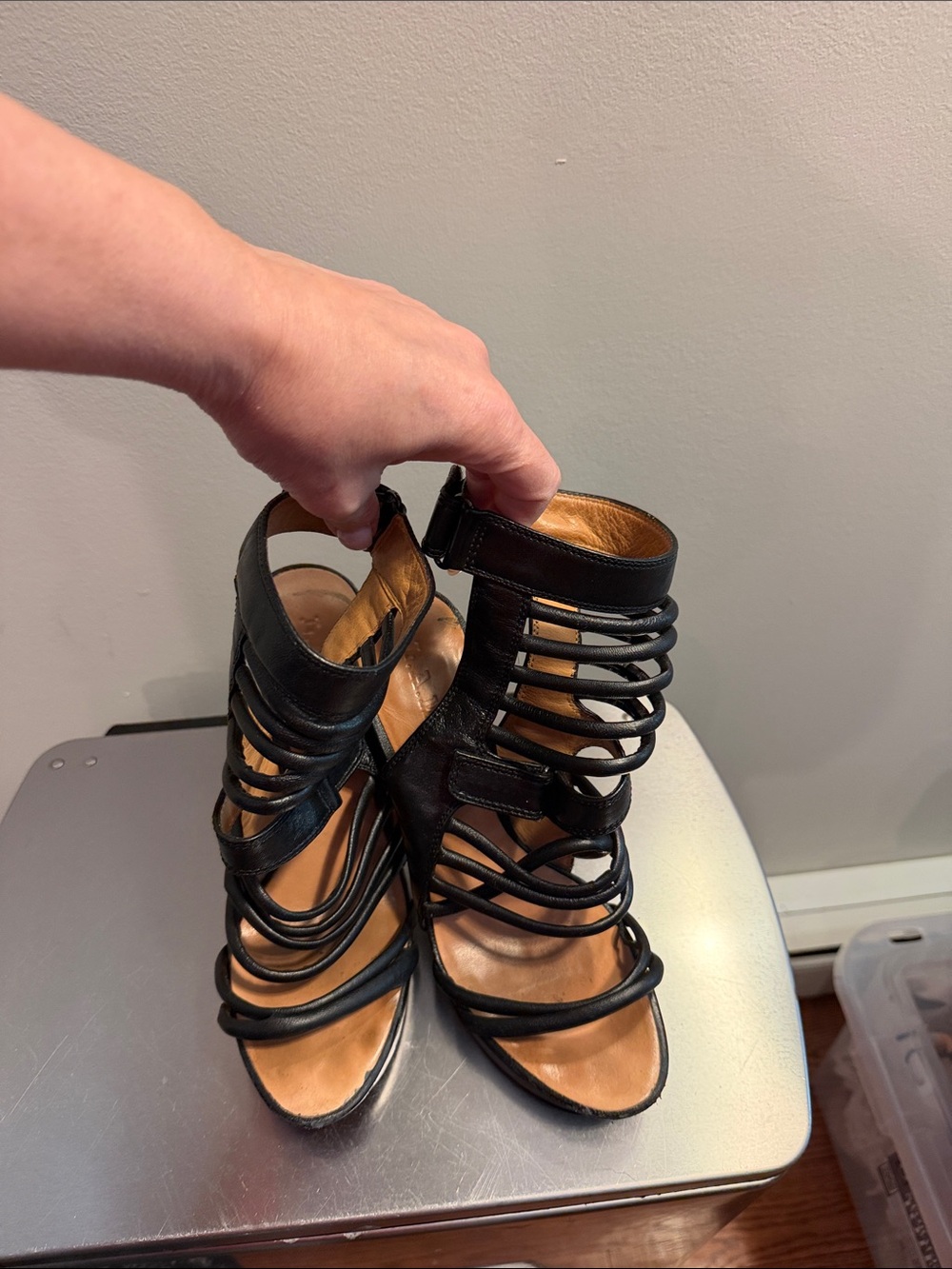 L.A.M.B. Black Strappy Cage Heel Sandals